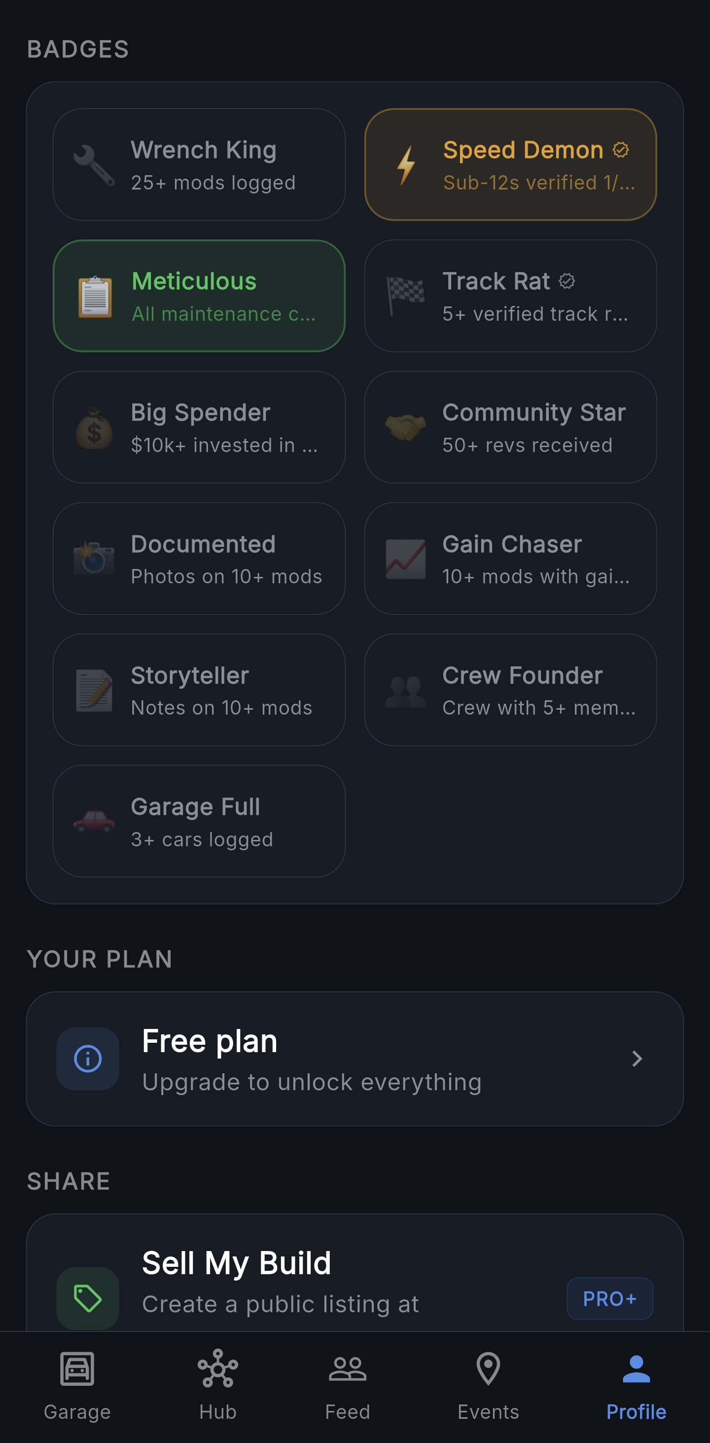 Achievements grid — 11 badges awarded automatically as you build, with earned ones highlighted