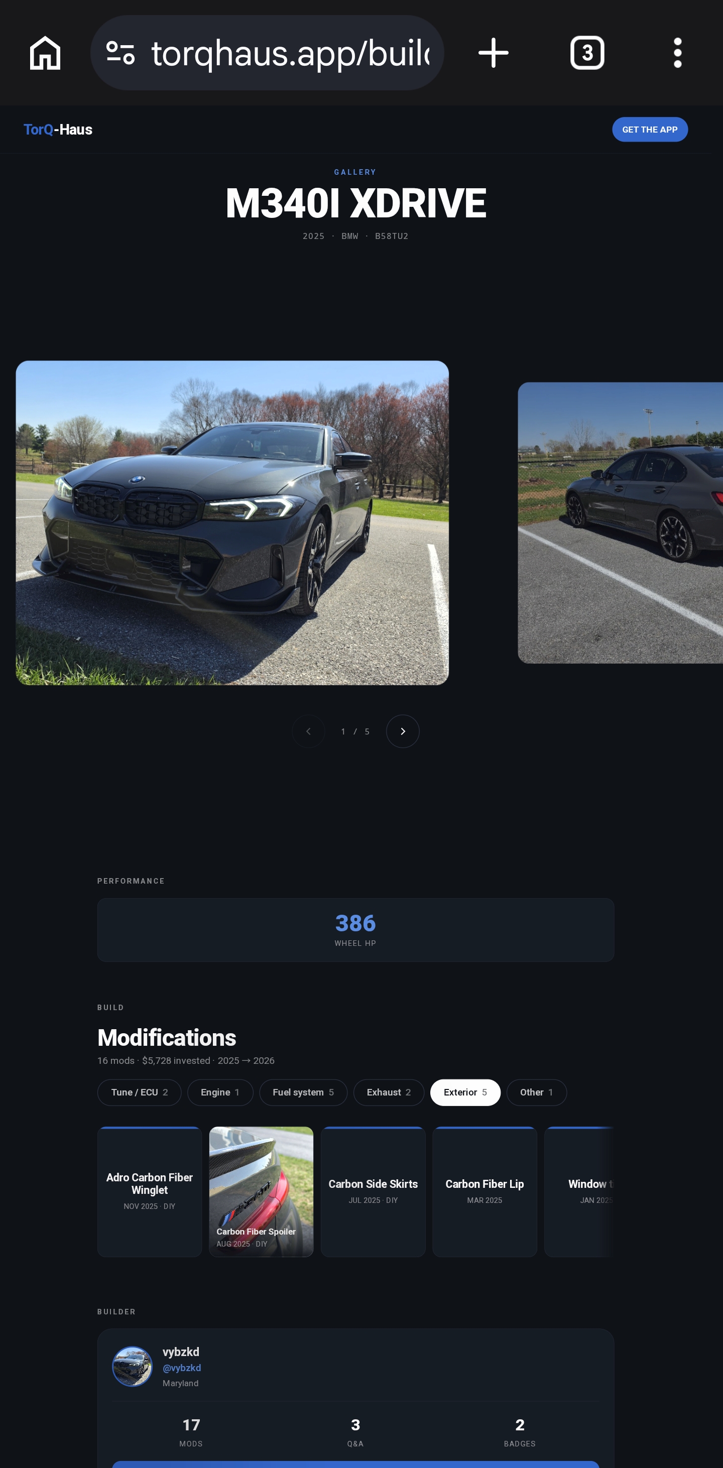 Public build page at torqhaus.app — magazine-style car gallery, performance number, mods grouped by category, and builder profile