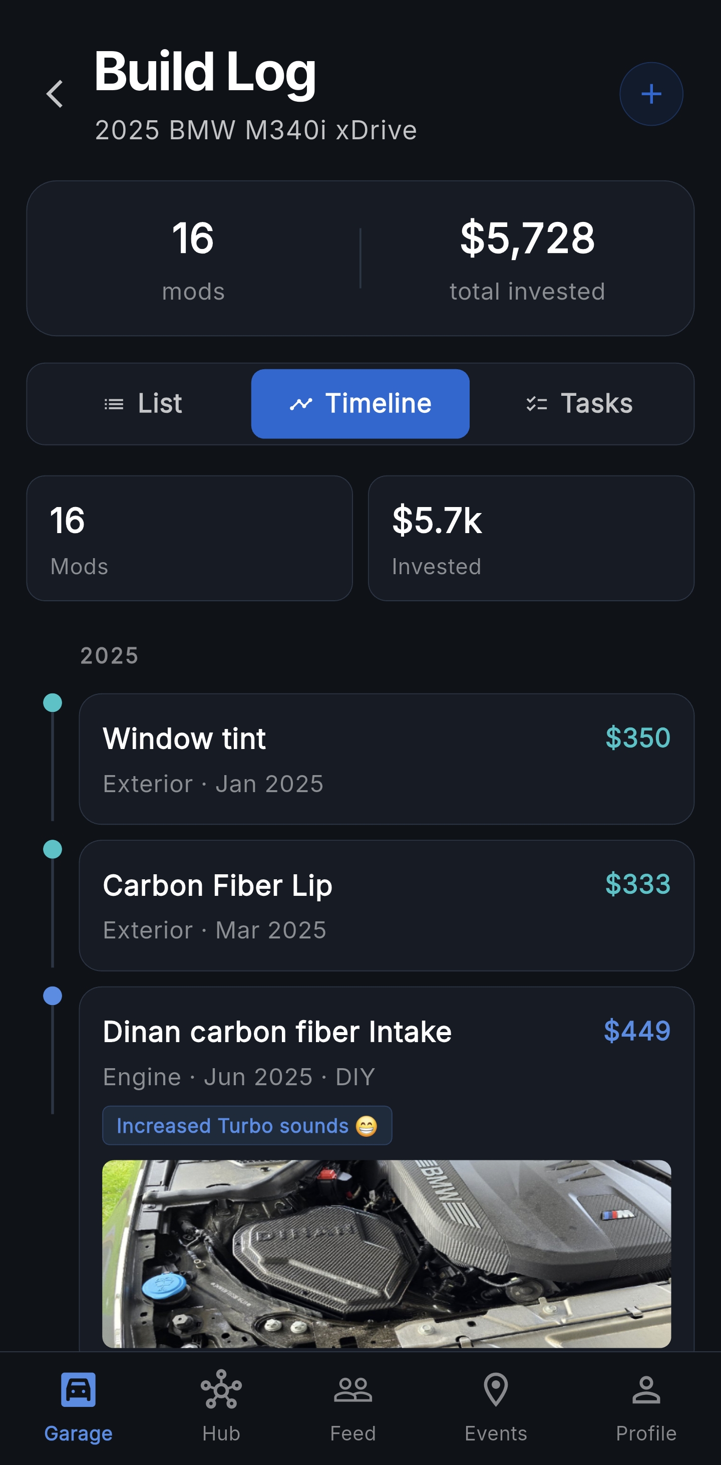 Build Log Timeline — 16 mods, $5,728 invested, chronological list of every install