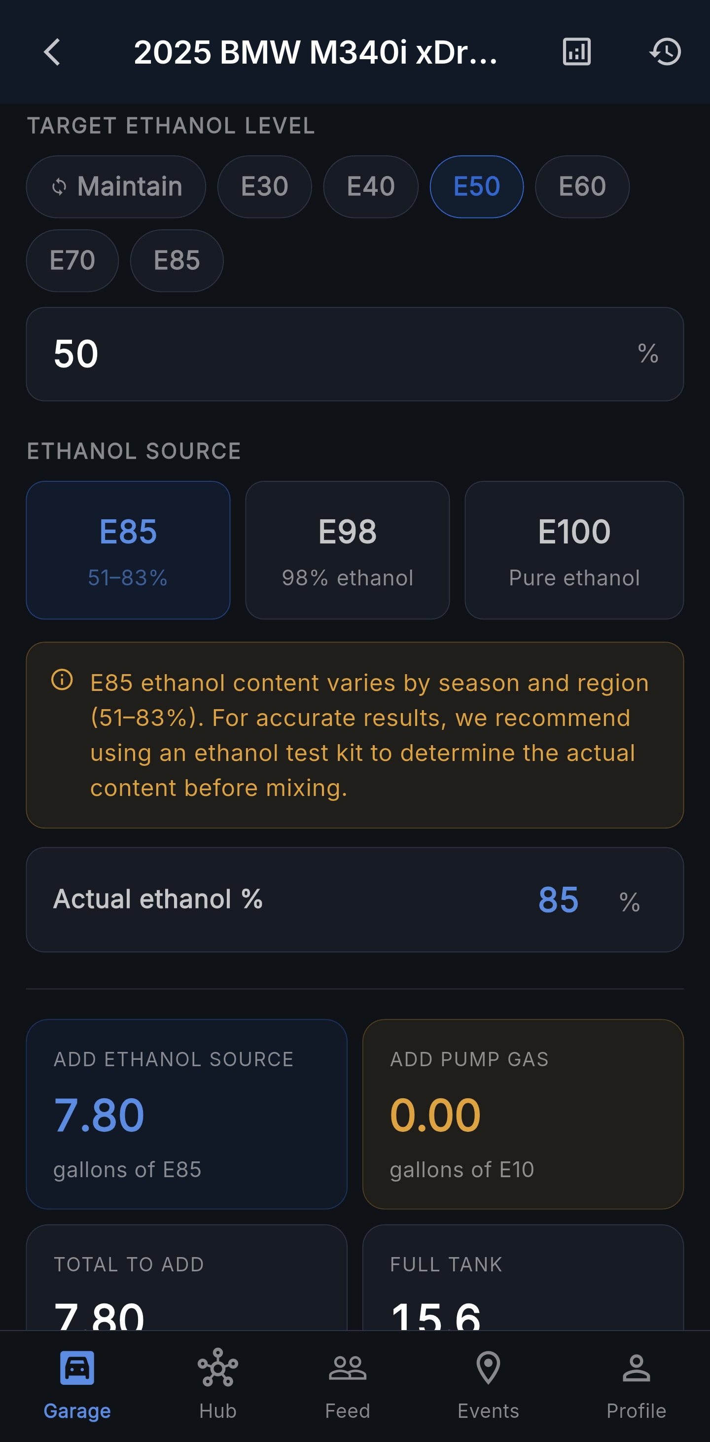 Fuel calculator — target ethanol blend E50 with E85 and pump gas amounts to add for a full tank