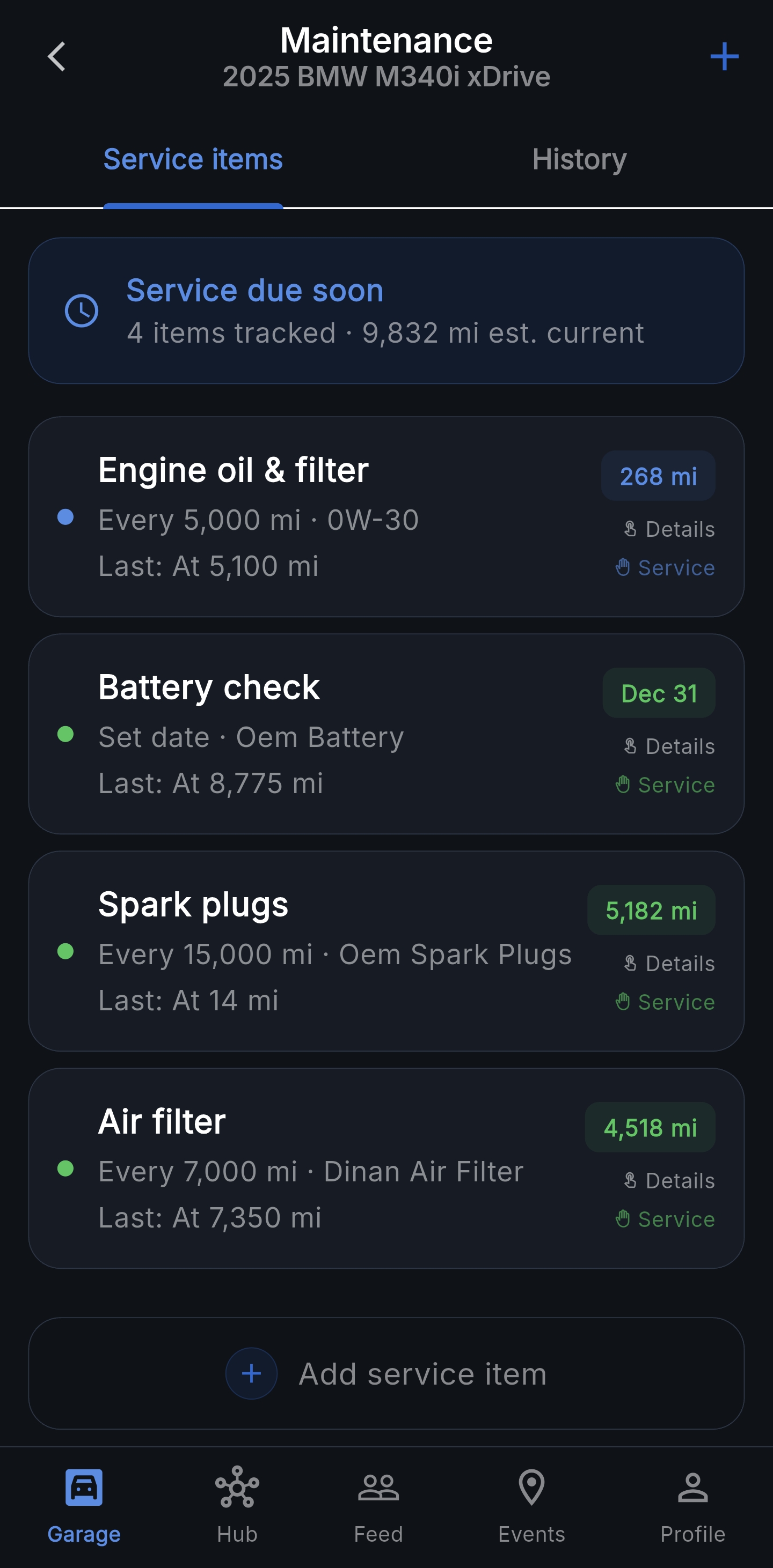 Maintenance service items — oil, battery, spark plugs, air filter with next-service mileage or date at a glance