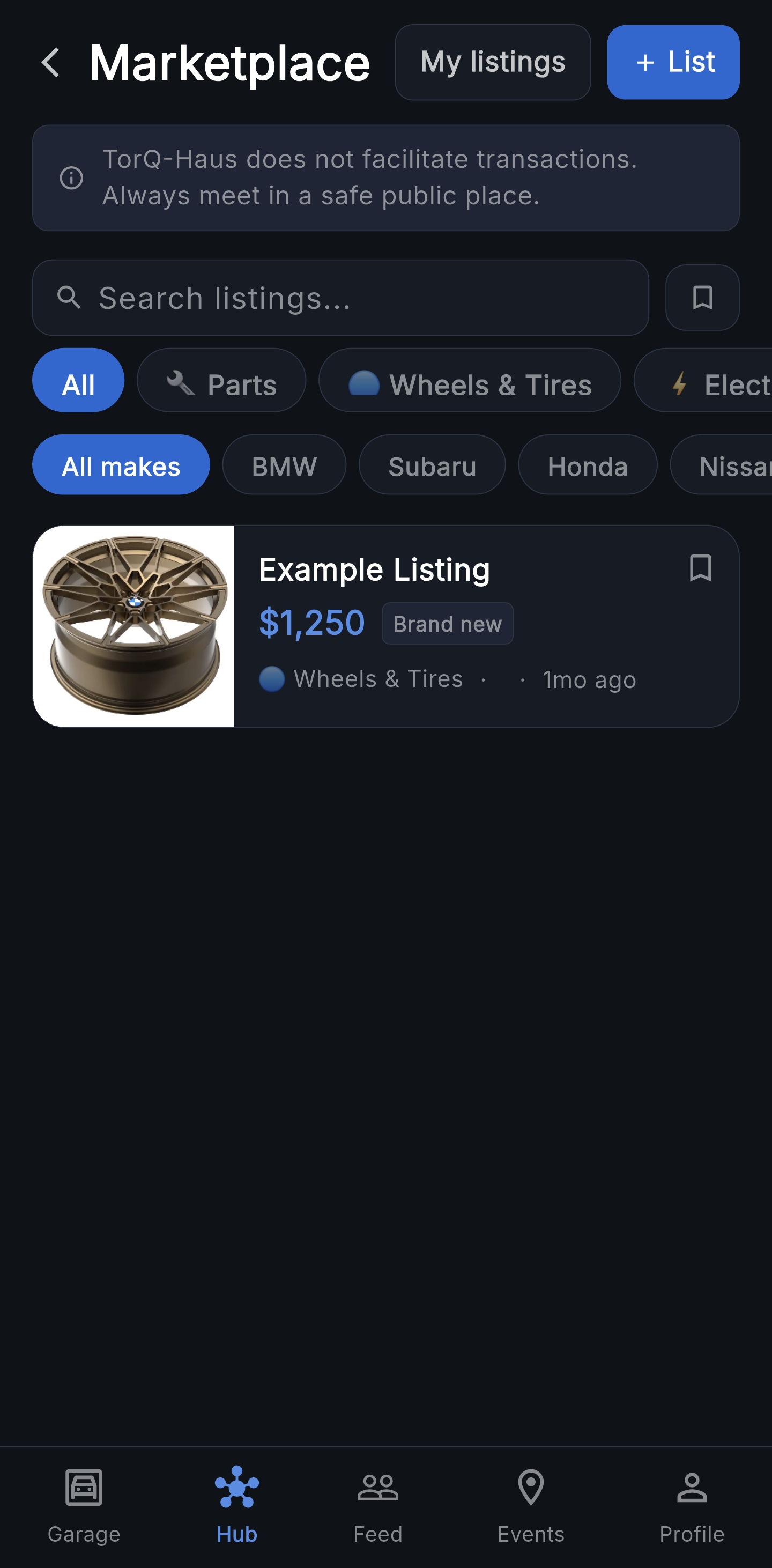Marketplace listings filtered by category and make, with card-based part previews