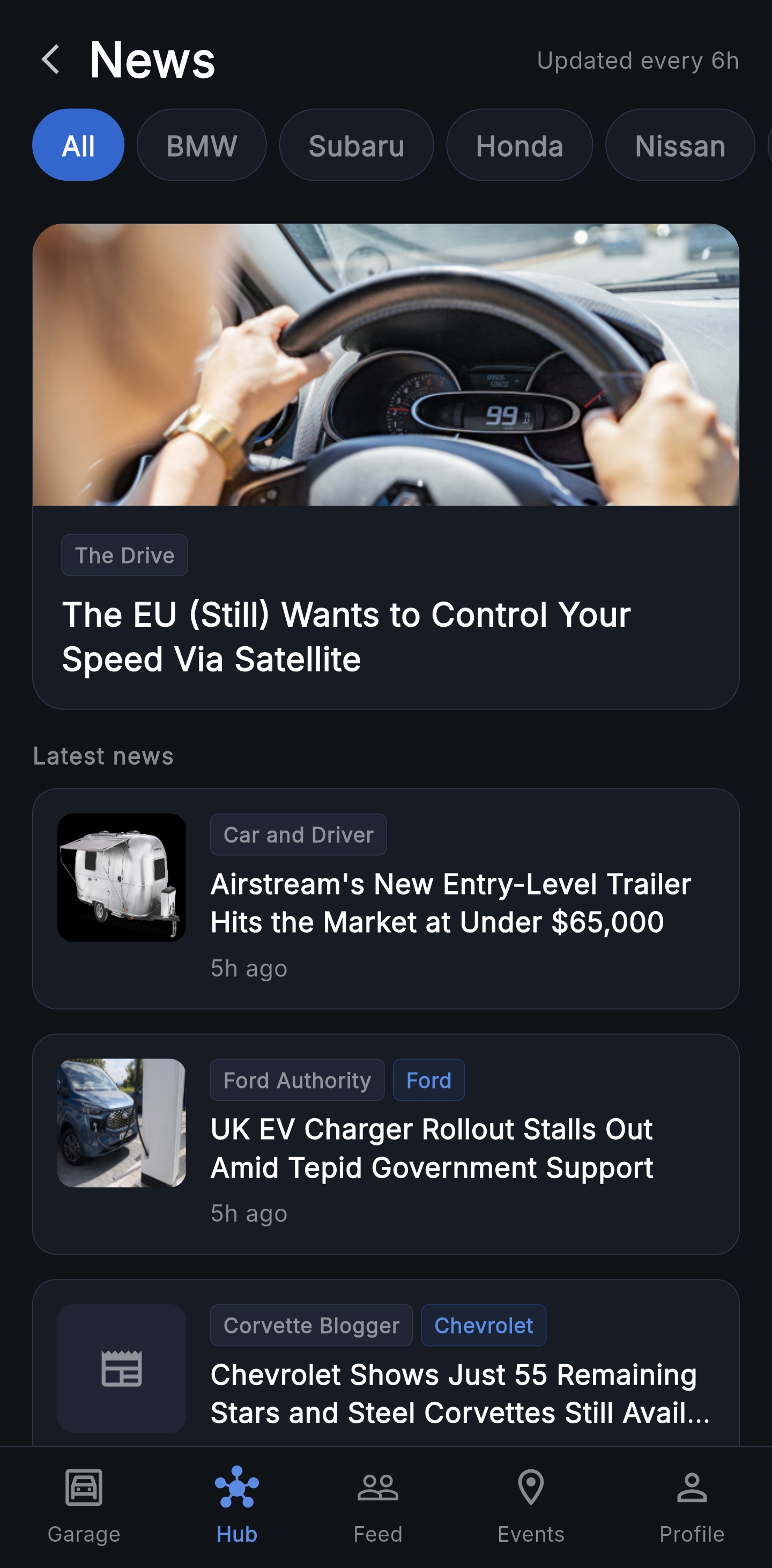 News feed — automotive RSS filtered by make, with a featured hero article and stream of latest headlines