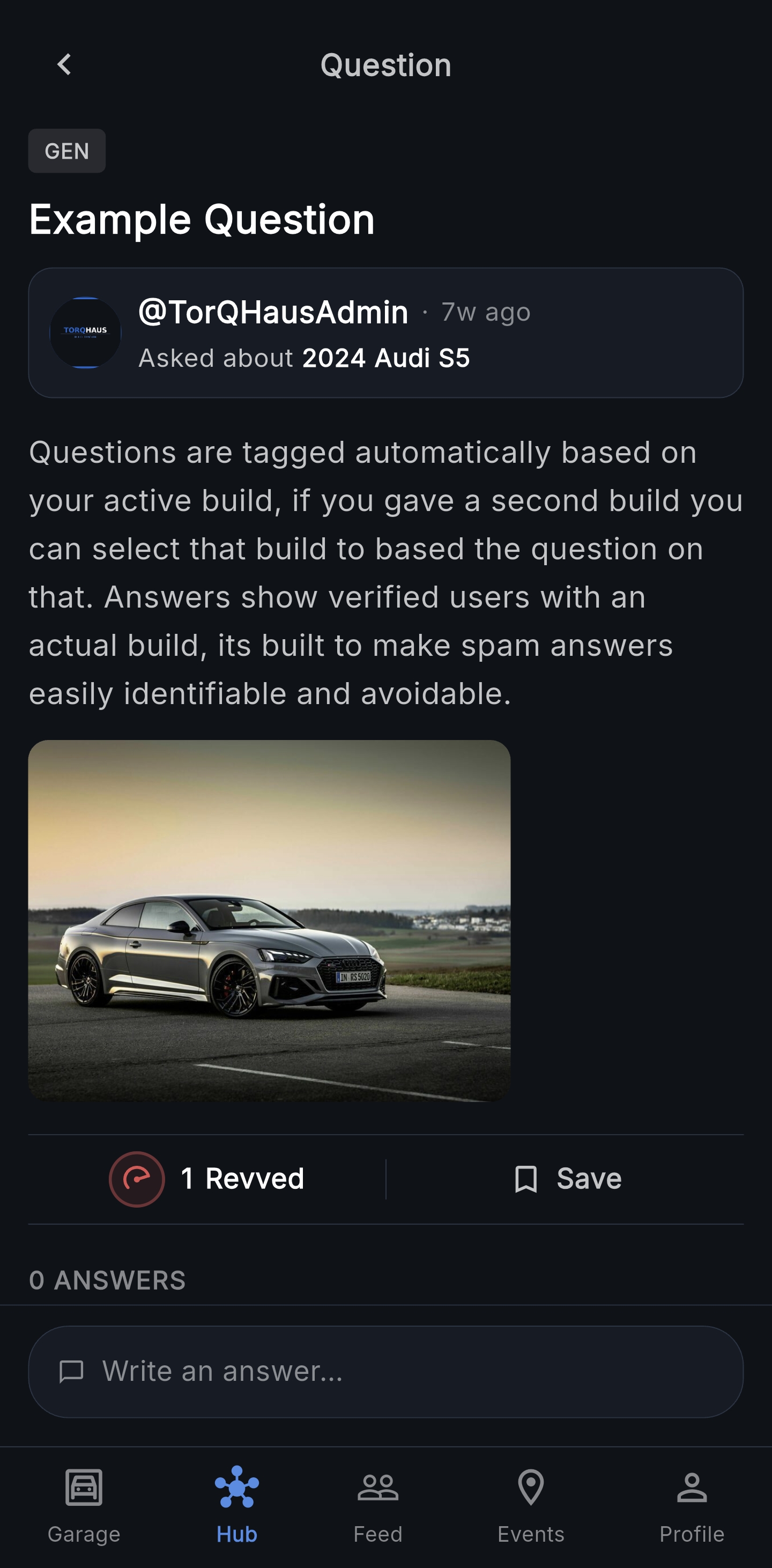Q&A question view — every answer shows the answerer's build so credibility is visible before you read a word