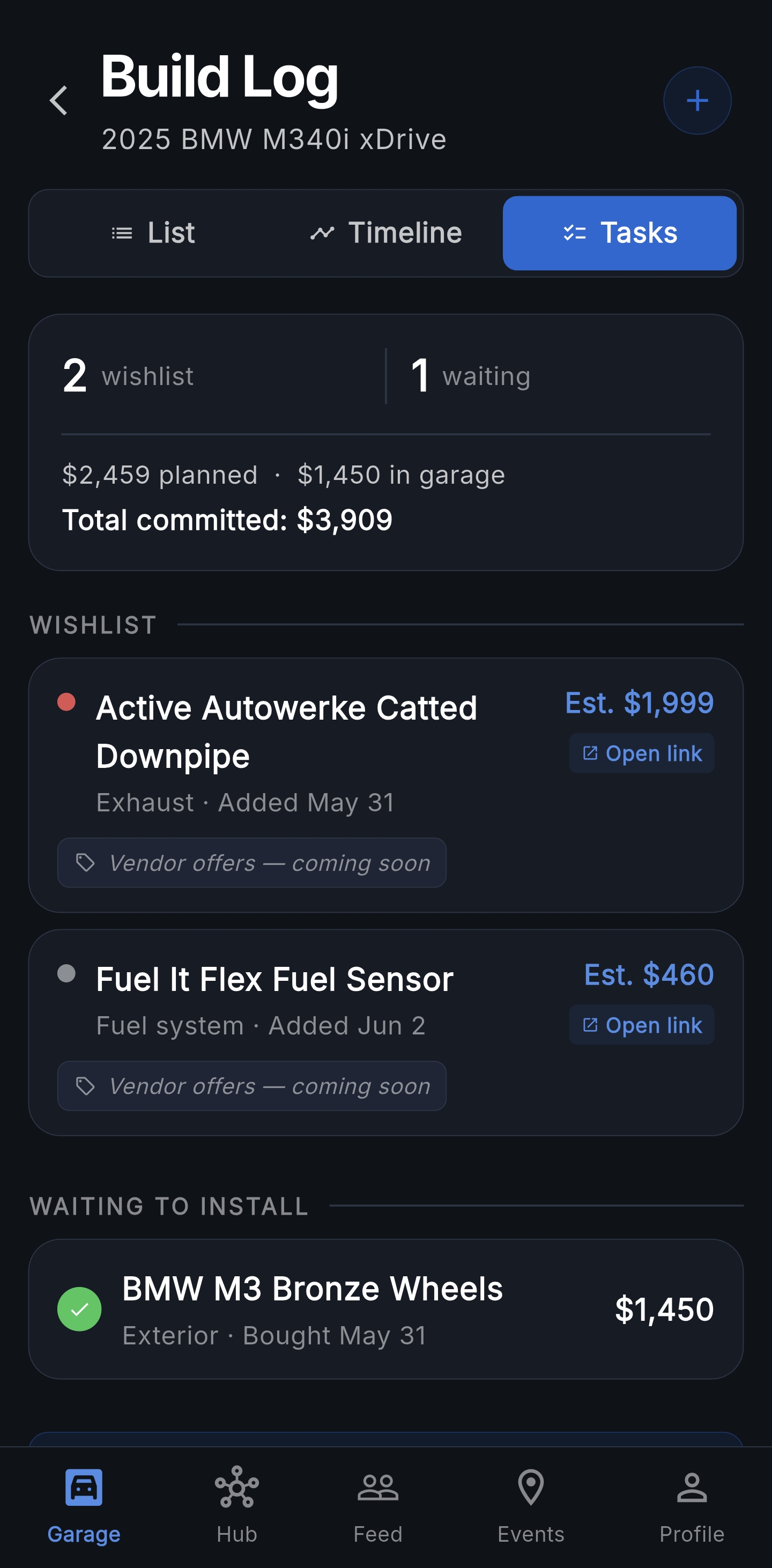 Tasks tab — wishlist and waiting-to-install items with vendor links and running total committed spend